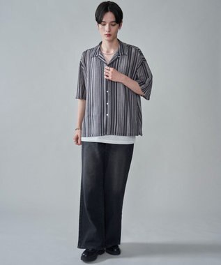 WEGO ストライプメッシュBIGシャツ（SS） グレー