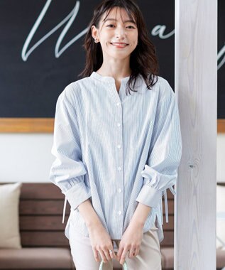 Tiaclasse 【洗える】ドロストギャザー袖シャツチュニック ネイビーストライプ