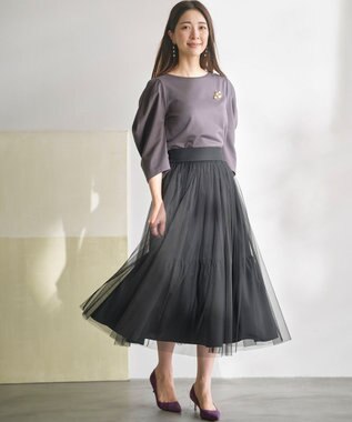 組曲 L ミニ裏毛ボリュームタックスリーブ カットソー チャコールグレー系