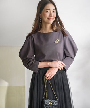 組曲 L ミニ裏毛ボリュームタックスリーブ カットソー チャコールグレー系