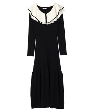earth music&ecology パイピングフレアカラーニットワンピース Black