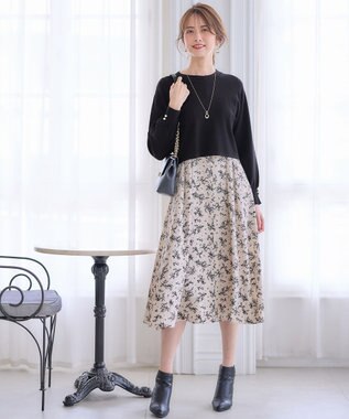 ANY SIS 【美人百花10月号掲載】ドルマンニット×プリントワンピース セット アイボリー系×ブラックニット