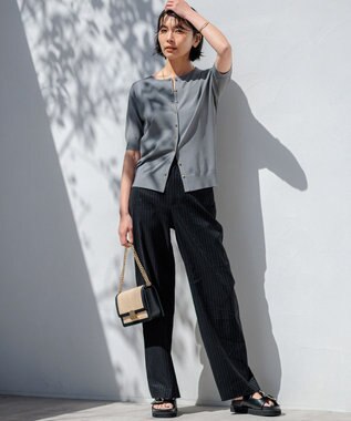 23区 【洗える】レーヨンポリエステルストレッチ 5分袖 カーディガン カーキ系