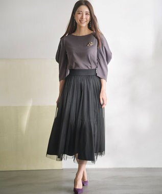 組曲 L ミニ裏毛ボリュームタックスリーブ カットソー チャコールグレー系