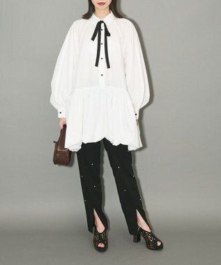 Green Parks ボウタイリボン付裾バルーンシャツワンピースⅡ Off White