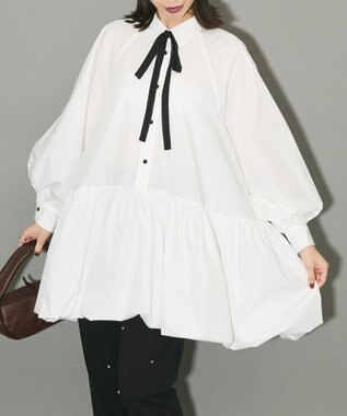 Green Parks ボウタイリボン付裾バルーンシャツワンピースⅡ Off White