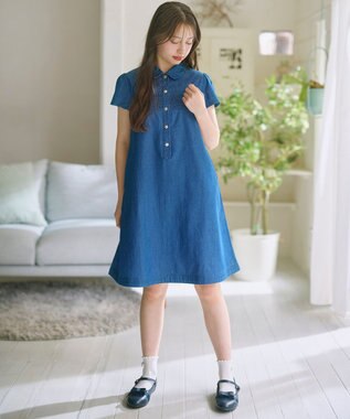 組曲 KIDS 【150-160㎝】 フラワーボタンデニムワンピース ネイビー