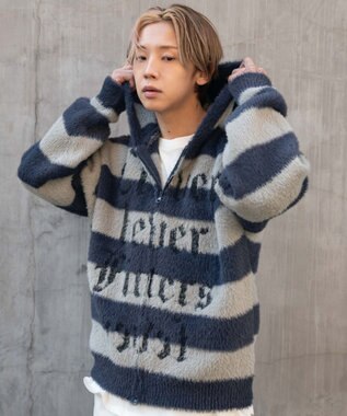 WEGO シャギーグラフィックZIPパーカー グレーボーダー