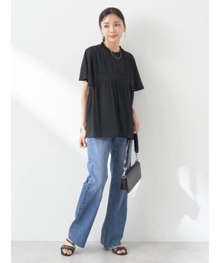 earth music&ecology マジョリカプリーツ半袖ブラウス Black