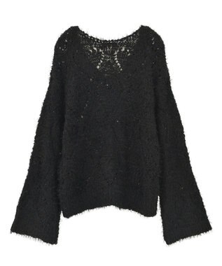 earth music&ecology シャギーミックス透かしハート柄ニットプルオーバ Black