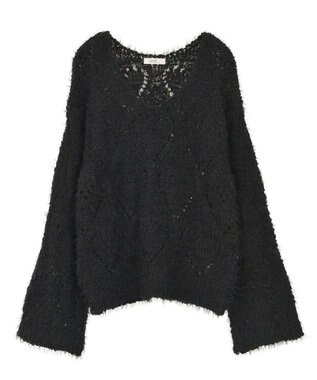 earth music&ecology シャギーミックス透かしハート柄ニットプルオーバ Black