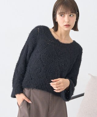 earth music&ecology シャギーミックス透かしハート柄ニットプルオーバ Black