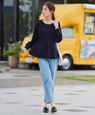 Tiaclasse 【洗える】袖パールポンチフレアトップス ネイビー