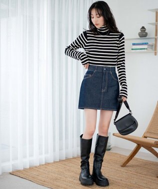 WEGO リブタートルネックニット ブラックボーダー