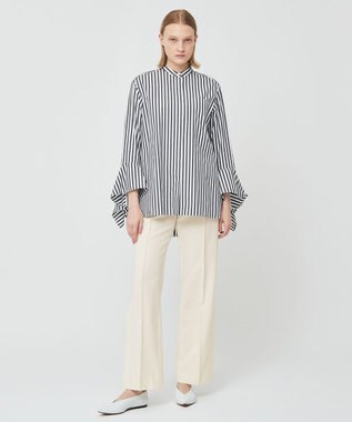 BEIGE， PERSIMMON / バンドカラーシャツ Black Stripe