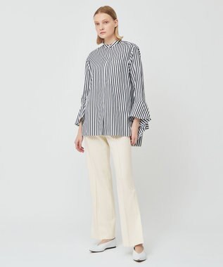 BEIGE， PERSIMMON / バンドカラーシャツ Black Stripe