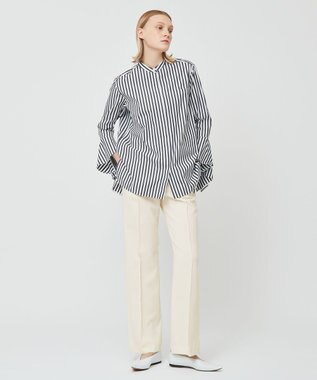 BEIGE， PERSIMMON / バンドカラーシャツ Black Stripe