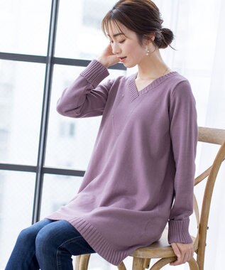 Tiaclasse L 【洗える】Vネックリブニットチュニック パープル