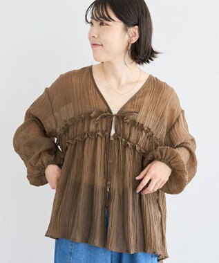 Green Parks Ｖネックフリルシアープリーツブラウス Brown