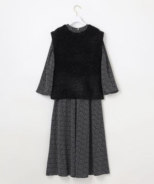 ANY SIS L 【洗える】フラワープリントワンピース × ニットベスト セット ブラック系