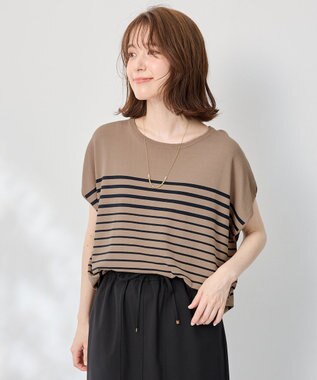 ANY 【洗濯機可/接触冷感/UVカット/アンチピリング】フレンチスリーブニットプルオーバー モカ×ネイビー