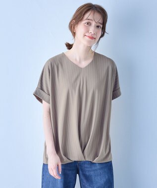 ANY カシュクールTシャツ ベージュストライプ