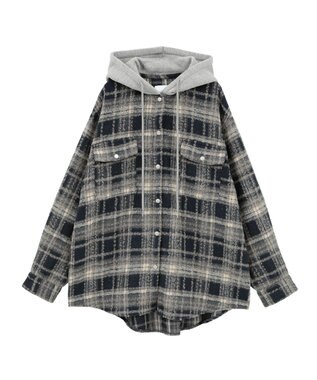 AMERICAN HOLIC フード付きシャギーチェックシャツ Navy