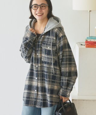 AMERICAN HOLIC フード付きシャギーチェックシャツ Navy