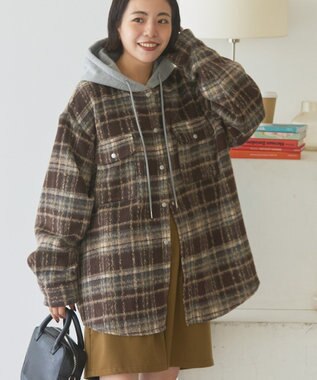 AMERICAN HOLIC フード付きシャギーチェックシャツ Navy