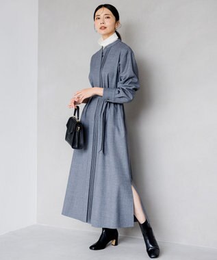 23区 【洗える】ウールストレッチツイル シャツワンピース ライトグレー