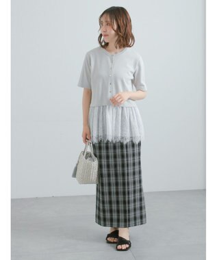 Te chichi レースヘム5分袖クルーカーディガン グレー