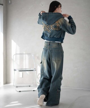 WEGO ヴィンテージウォッシュショートフードブルゾン デニム中濃加工色