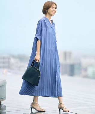 自由区 【定番人気・新色追加・1枚でサマになる】リヨセルポプリンシャツ ワンピース ［新色］ネイビー×オフストライプ