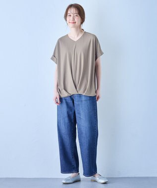 ANY カシュクールTシャツ ベージュストライプ