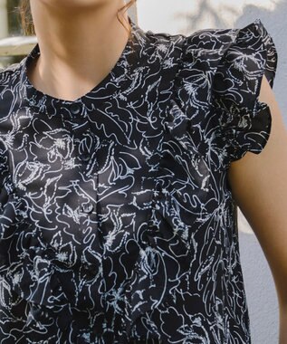 Tiaclasse 【新色追加・洗える】花柄フリルシャツブラウス ブラック