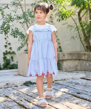 ANY KIDS ギンガム ドッキングワンピース サックスブルー系