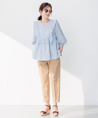 組曲 【WEB限定色あり】レースコンビシャーティング ブラウス 【WEB限定】サックスブルー