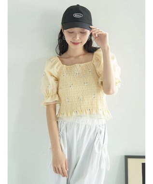 earth music&ecology フラワー刺繍ブラウス Yellow