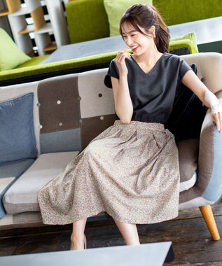 Tiaclasse 【洗える】異素材を組み合わせたカットソードッキングワンピース チャコール×ベージュフラワー