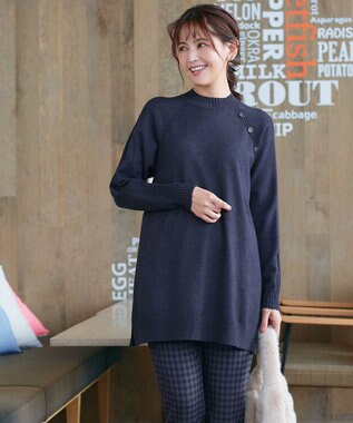Tiaclasse 【安田美沙子さん着用・選べる2type・新色追加】ボタンニットチュニック モックネック：ネイビー