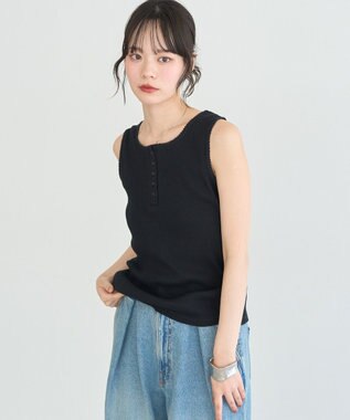 earth music&ecology 【綿100％】ピコミシンヘンリーネックタンクトップ Black