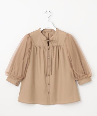 Feroux 袖チュールリボンスキッパー ブラウス ベージュ系