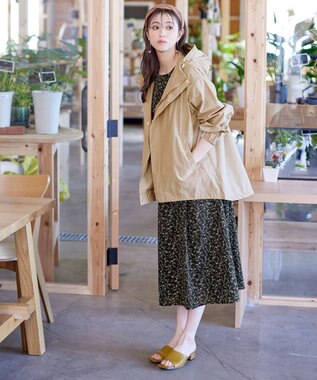 Tiaclasse L 【洗える】ギャザースリーブ花柄ワンピース ブラック