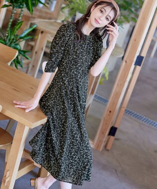 Tiaclasse 【洗える】ギャザースリーブ花柄ワンピース ブラック