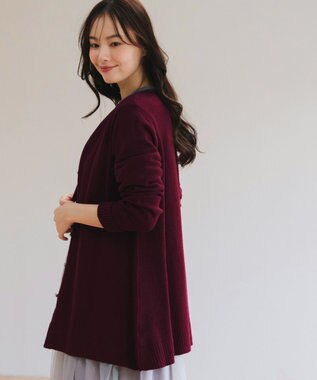 Tiaclasse 【洗える】ラウンドネックミドル丈ニットカーディガン ボルドー