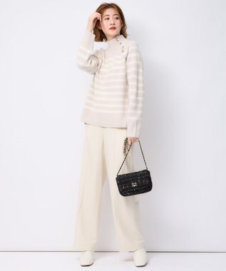 23区 S 【洗える】ウールカシミヤ パネルボーダー ニット ベージュxオフホワイトボーダー