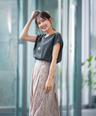 Tiaclasse 【洗える】異素材を組み合わせたカットソードッキングワンピース チャコール×ベージュフラワー