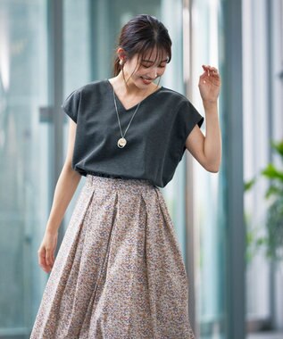 Tiaclasse 【洗える】異素材を組み合わせたカットソードッキングワンピース チャコール×ベージュフラワー