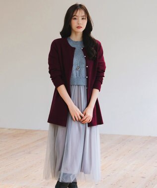 Tiaclasse 【洗える】ラウンドネックミドル丈ニットカーディガン ボルドー