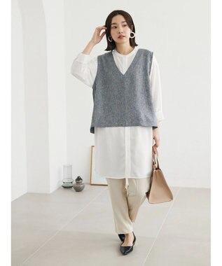 Green Parks ＳＥＴ２点Ｖネックベスト＋７分袖ミディシャツワンピース Gray Mixture